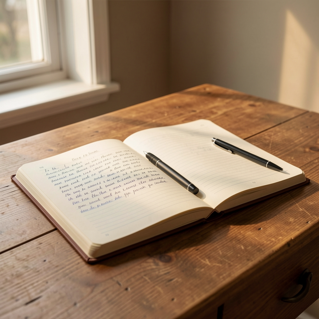 Close-up of a handwritten notebook page with food observations, pen resting beside it, daylight from a window