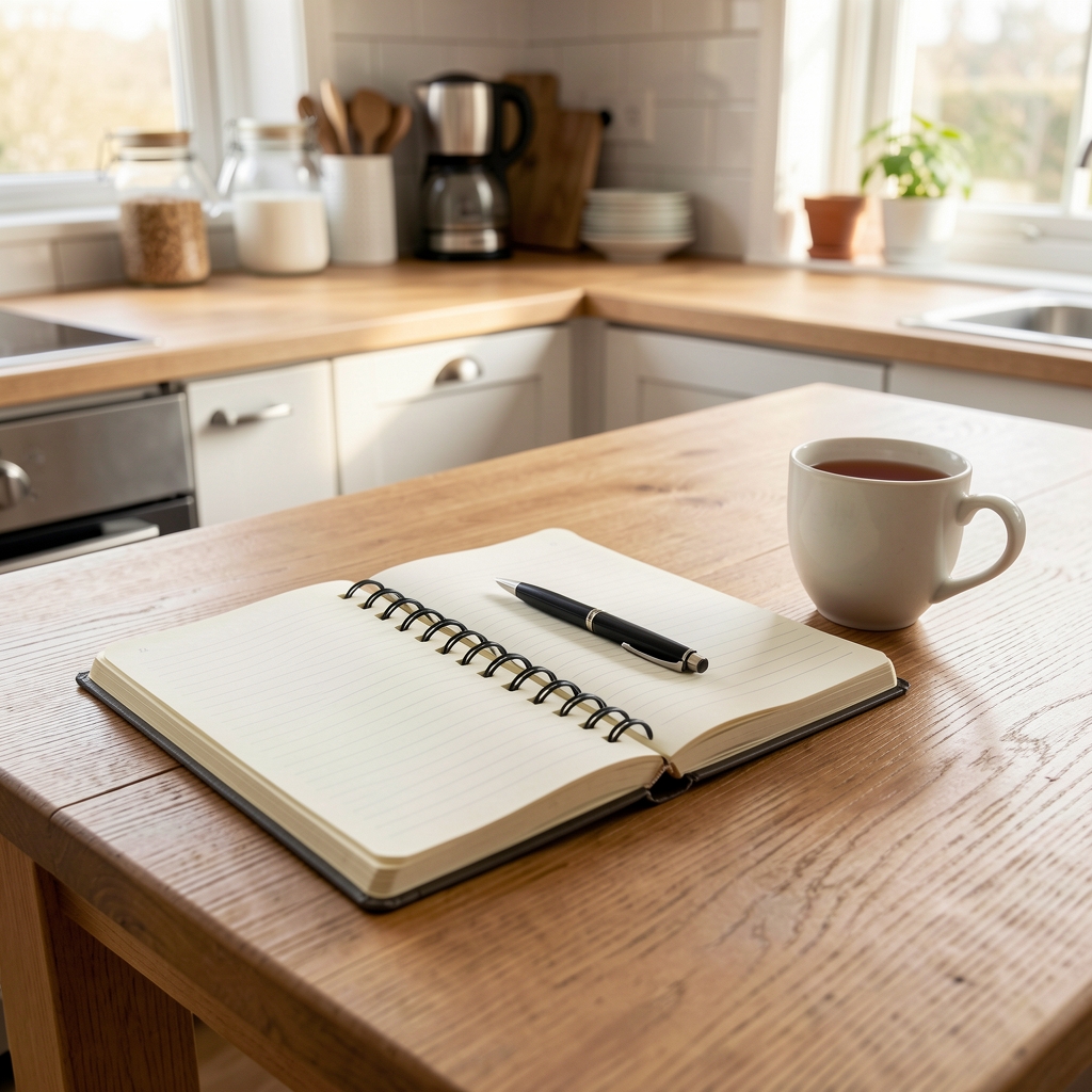 Notebook open on a kitchen table with a pen and a cup of tea, morning light, tidy domestic setting