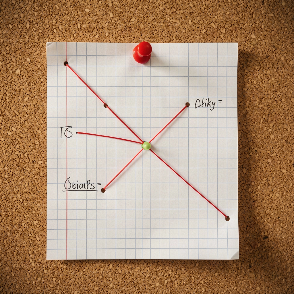 Handwritten research notes on graph paper pinned to a corkboard with red thread connecting points