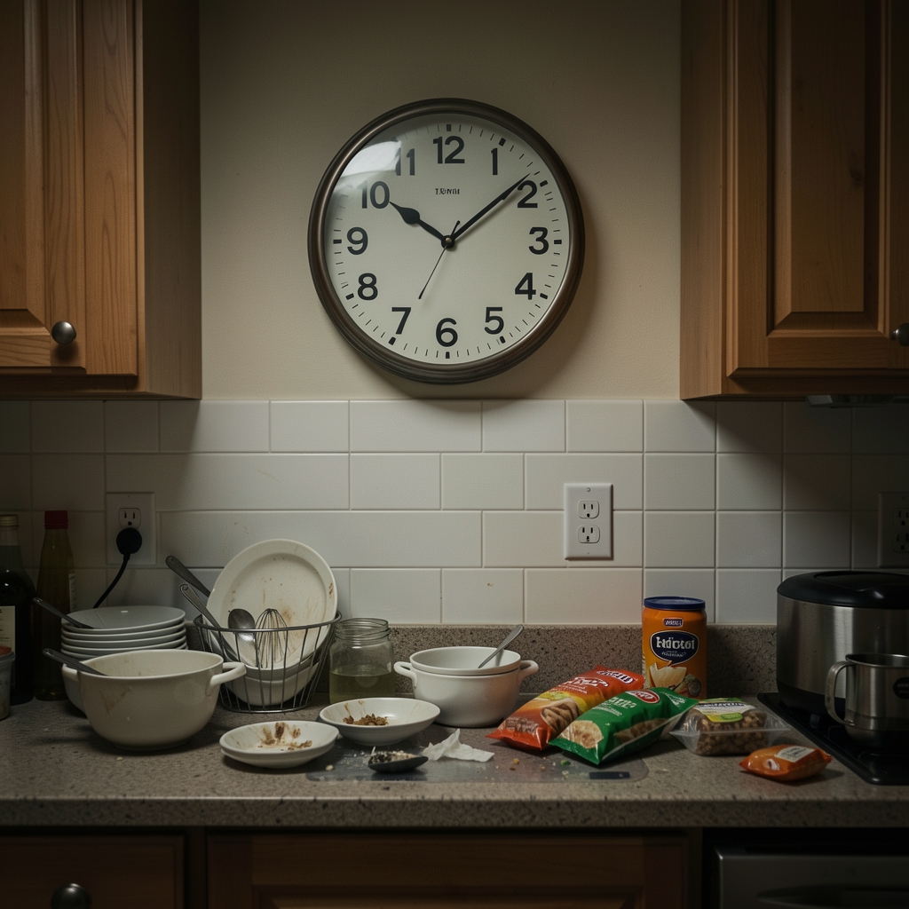 Clock on a kitchen wall showing 10pm, dimly lit kitchen with unwashed dishes and food packaging on the counter