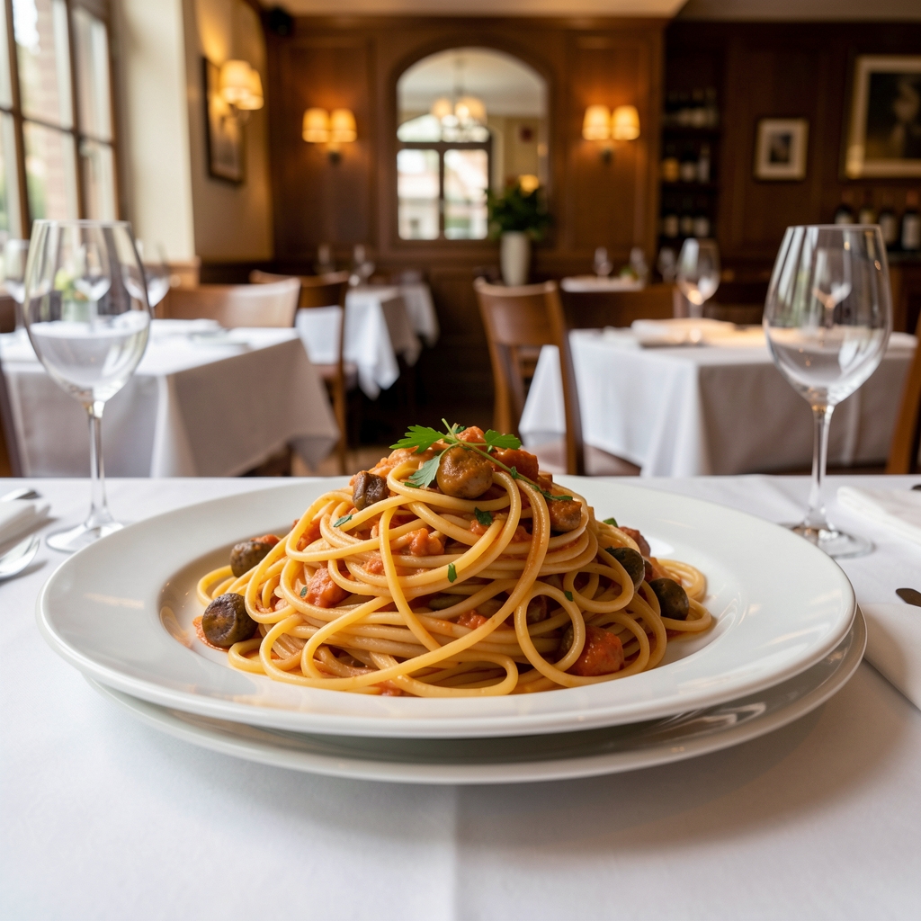 Large restaurant plate with oversized portion of pasta on a white tablecloth, warm ambient restaurant lighting